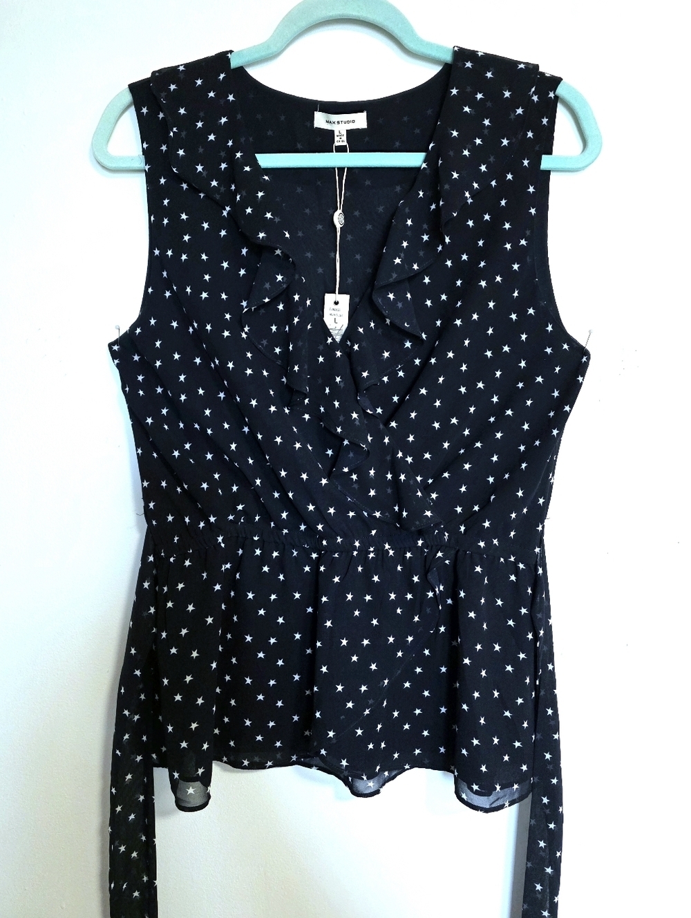 Max Studio Fairycore Star Print Wrap Blouse Ruffle Trim Sleeveless Peplum Hem